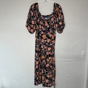 Old Navy Womens Large Floral Smocked Square Neck Puff Sleeve Maxi Dress Navy L